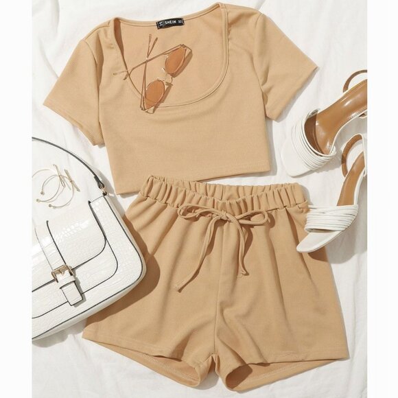 Khaki Scoop Neck Crop Tee & Tie Waist Shorts Set - Picture 1 of 1